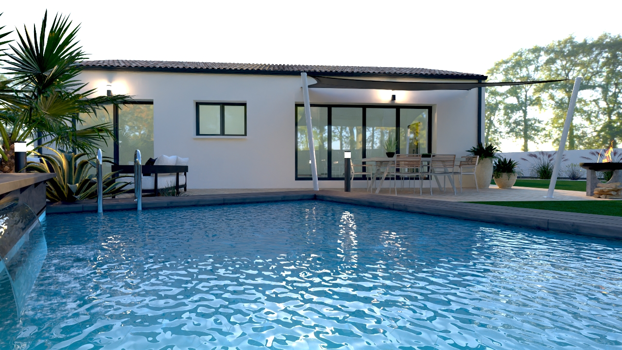 vue 3d maison neuve avec piscine et terrasse